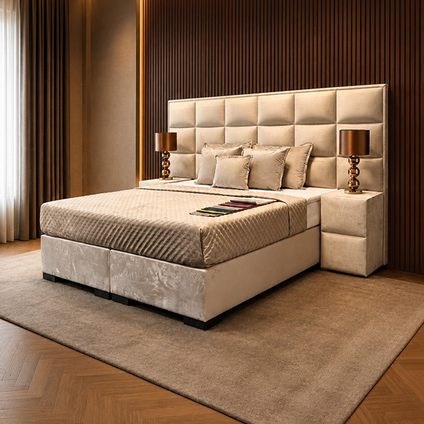 Boxspring Set Alvento van Laviva Bedding in een moderne slaapkamer