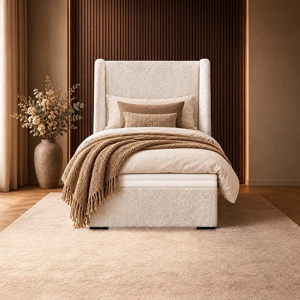 Boxspring Arezzo 1-Persoons in een lichte uitvoering met afgeronde zijranden aan het hoofdbord
