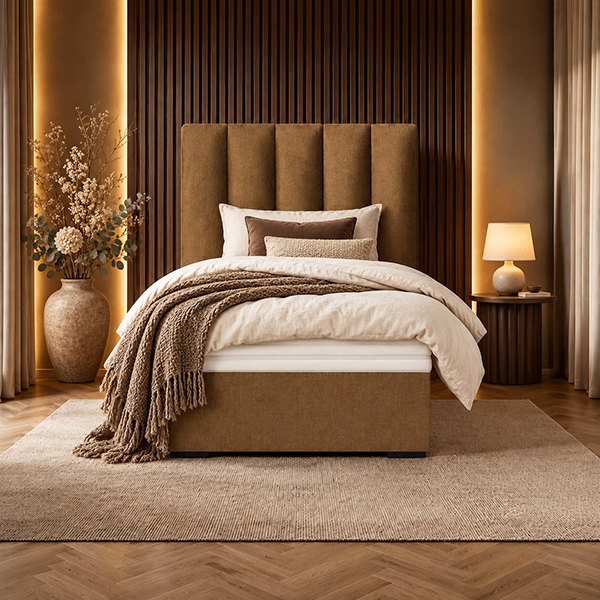 Boxspring Paris 1-Persoons in bruin met verticale panelen in het hoofdbord