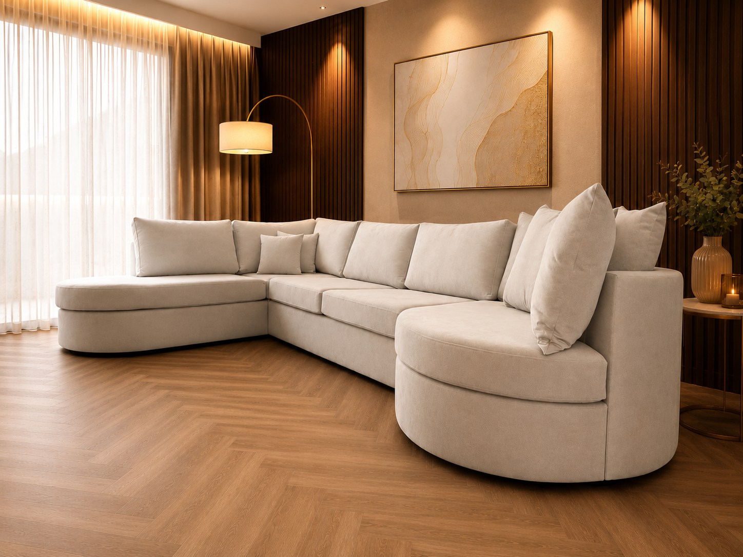 Luxe beige hoekbank in Laviva woonkamer interieur