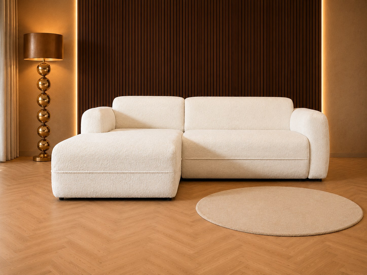 Bankstel Lille loungebank in luxe Laviva woonkamer met houten wand