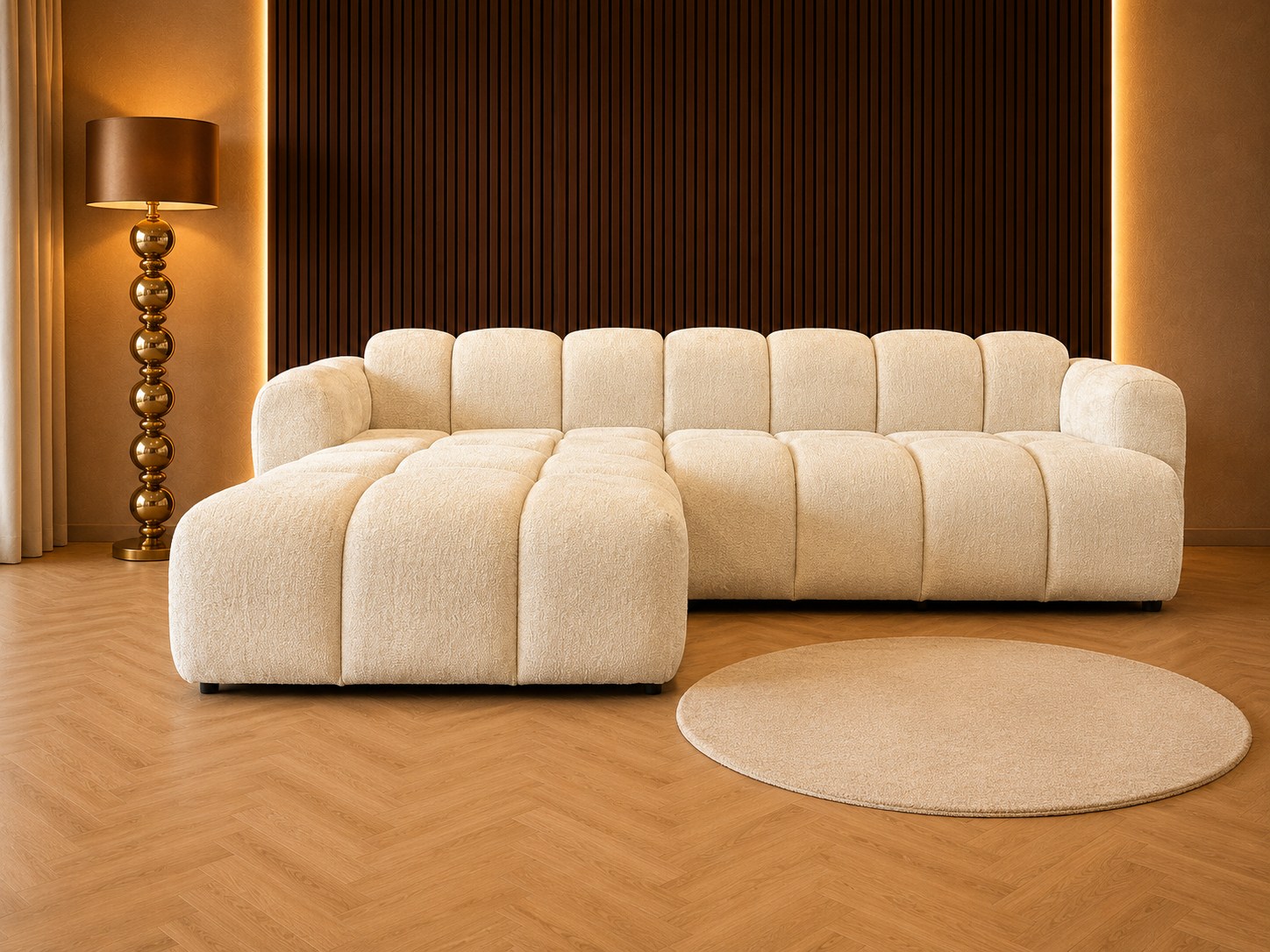 Bankstel Lyon loungebank in luxe Laviva woonkamer met houten wand