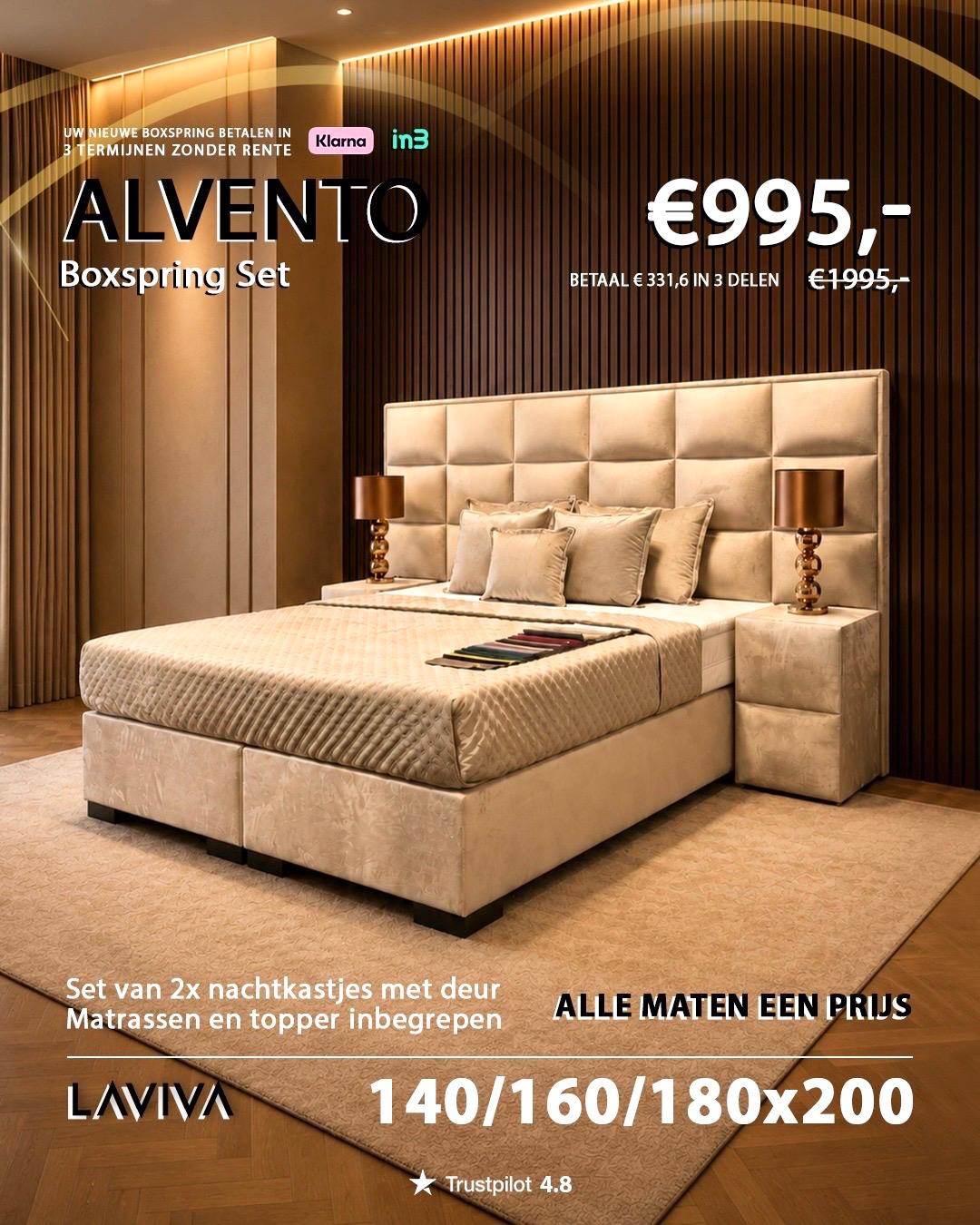 Boxspring Set Alvento met royaal hoofdbord, matras, topper en nachtkastjes