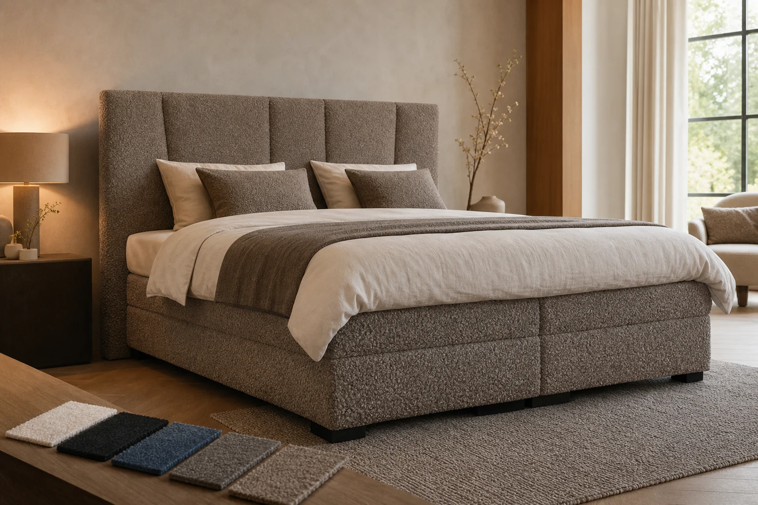 Taupe boxspring met losse stofstalen in verschillende boxspring kleuren