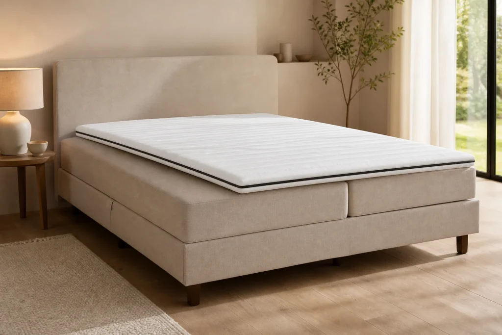Laviva topper die licht is verschoven op een beige boxspring