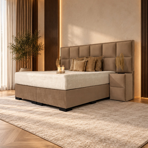 Boxspring Set Alven in beige met een hoofdbord met rechthoekige vlakken