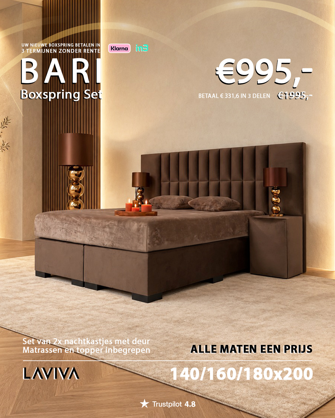 Bari boxspring aanbieding: 995 euro voor 140, 160 of 180 bij 200 cm, inclusief twee nachtkastjes, matrassen en topper